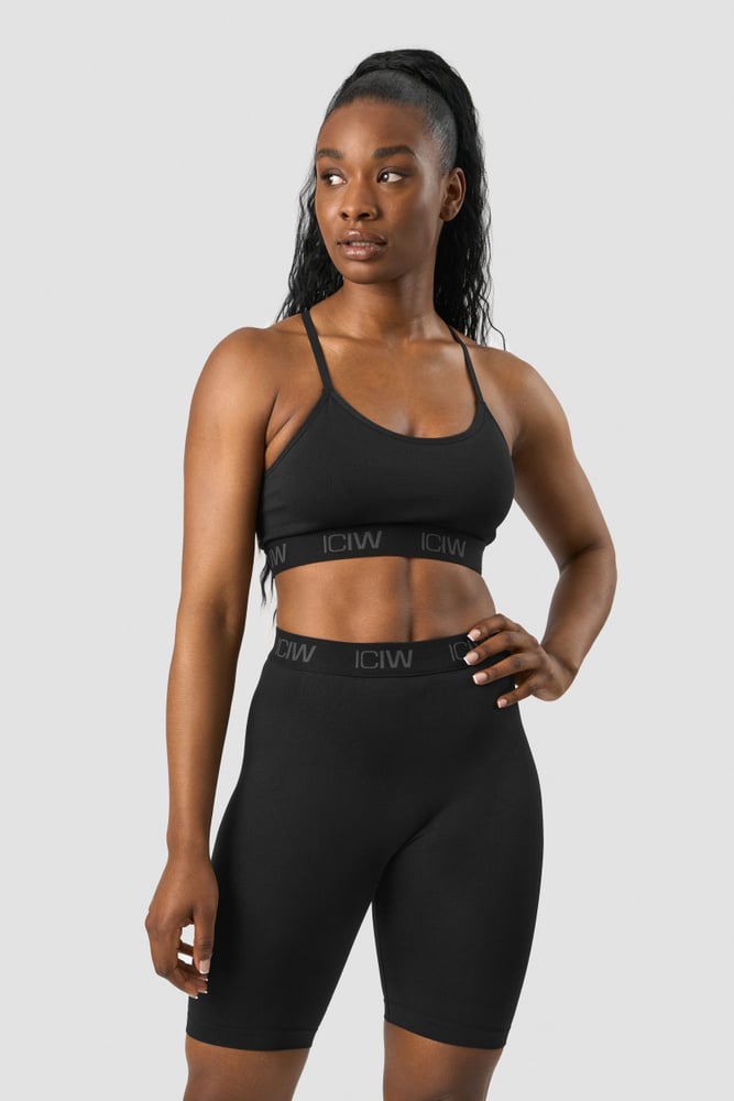 define seamless logo strappy sports bra black